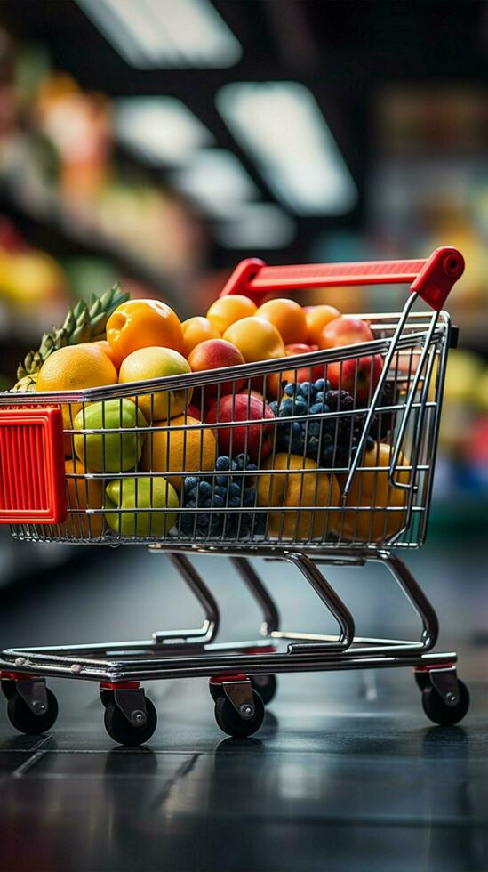 bullicioso mercado compras carro en supermercado, conjunto en contra vibrante borroso Tienda bokeh vertical móvil fondo de pantalla ai generado foto