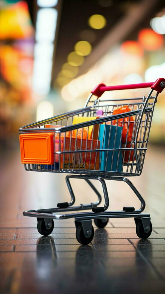 carro en contexto supermercado compras carro en medio de borroso Tienda bokeh atmósfera vertical móvil fondo de pantalla ai generado foto