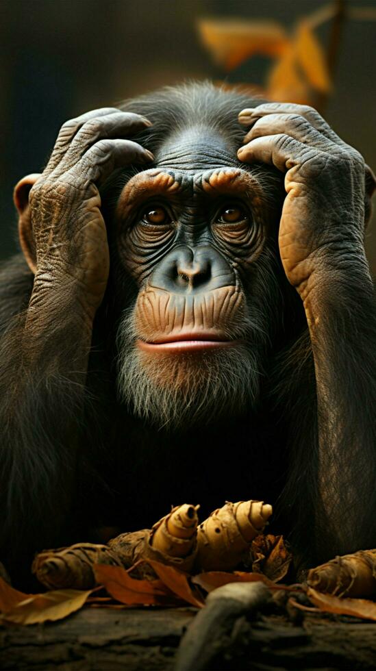 Chimpanzees sorrowful countenance hints at its underlying feelings of sadness and dejection Vertical Mobile Wallpaper AI Generated photo