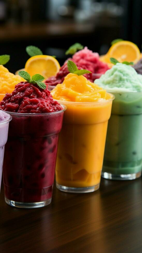 Colorful row of plastic cup slushies, brimming with frozen fruity goodness Vertical Mobile Wallpaper AI Generated photo