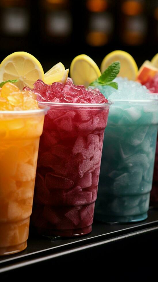 Colorful row of plastic cup slushies, brimming with frozen fruity goodness Vertical Mobile Wallpaper AI Generated photo