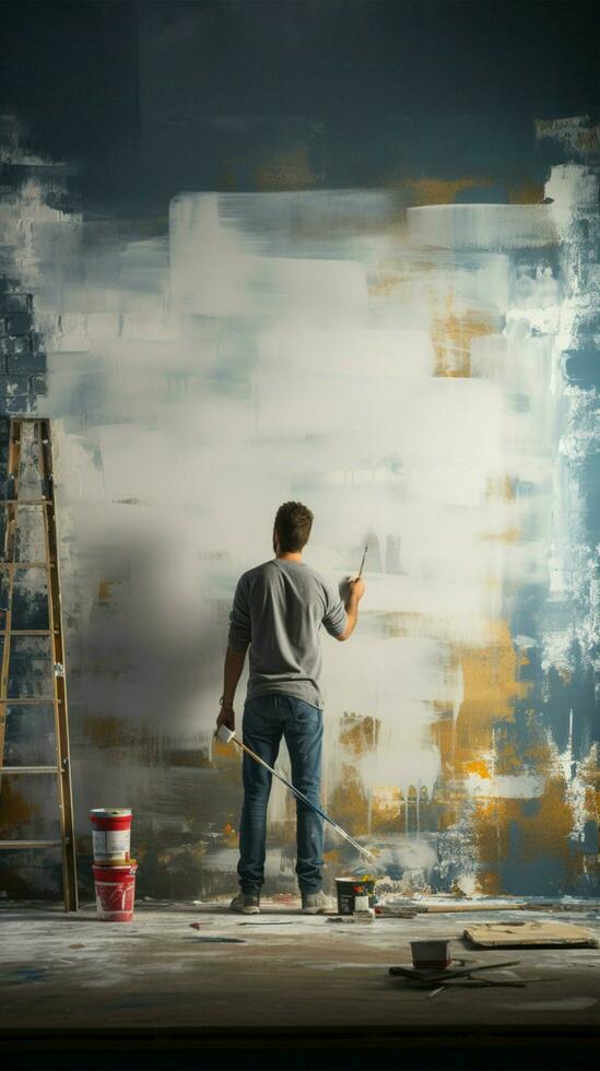 Construction upgrade Contractor uses roller brush to paint grey wall, renovation underway Vertical Mobile Wallpaper AI Generated photo