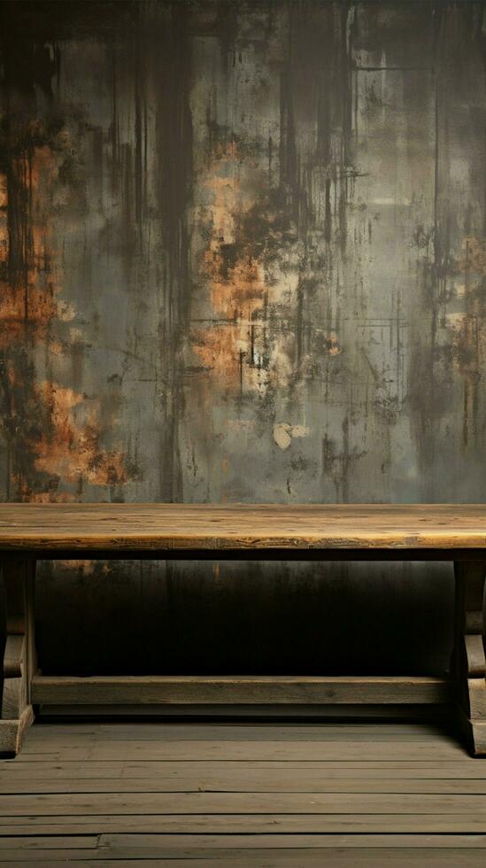 Deserted wooden plank, contrasts against grunge concrete wall background, artful composition Vertical Mobile Wallpaper AI Generated photo