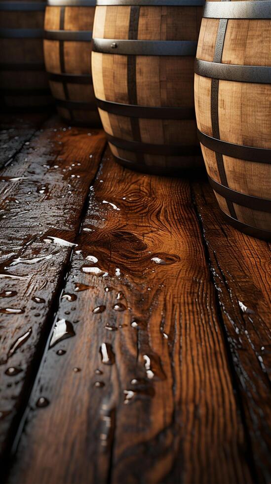 Detailed closeup reveals the rich texture of a wooden barrel, perfect