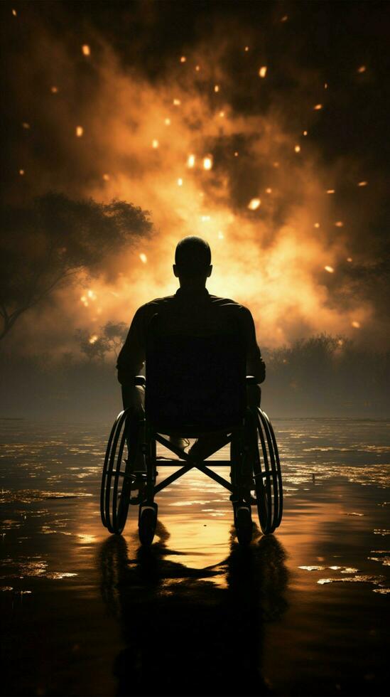 discapacitado persona en silla de ruedas silueta, promoviendo conciencia vertical móvil fondo de pantalla ai generado foto