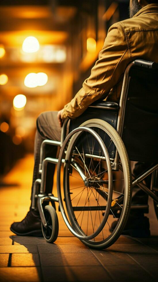 Disabled persons hands on wheelchair wheels, symbolizing empowerment and perseverance Vertical Mobile Wallpaper AI Generated photo