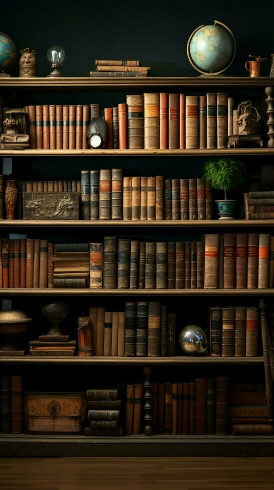 Diverse collection of aged volumes stands proudly in the librarys bookshelves Vertical Mobile Wallpaper AI Generated photo