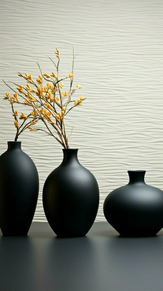 Ebony vases on sleek marble, striking contrast against white wall backdrop Vertical Mobile Wallpaper AI Generated photo