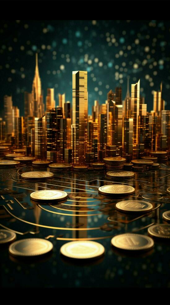 Economic mosaic Coins, graph overlay cityscape, illustrating financial growth, business success Vertical Mobile Wallpaper AI Generated photo