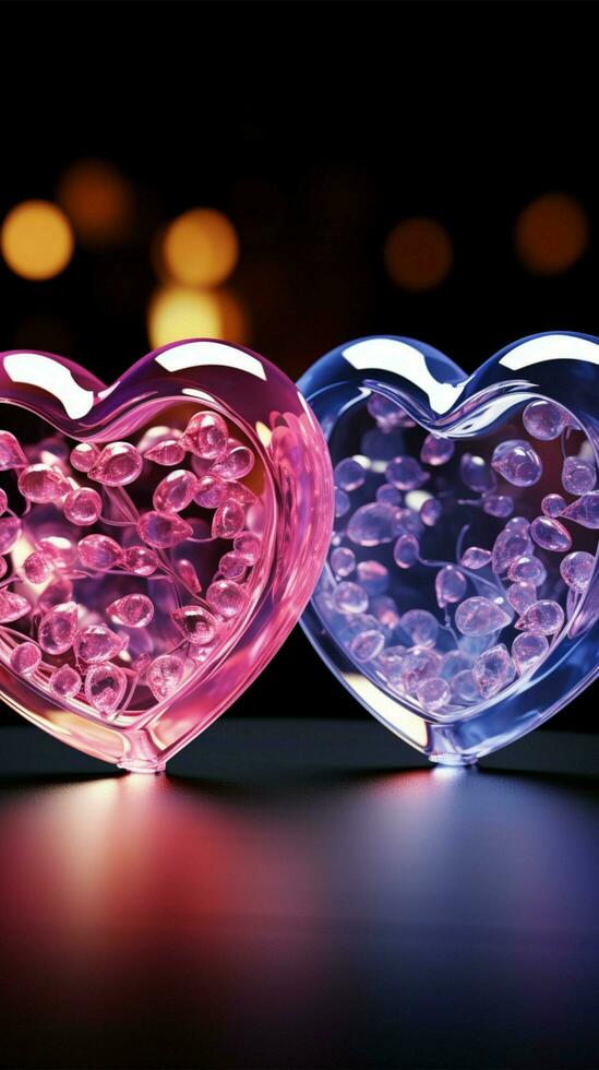 Dual glowing hearts, neon light creates a tender and vibrant visual display Vertical Mobile Wallpaper AI Generated photo