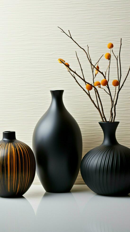 Ebony vases on sleek marble, striking contrast against white wall backdrop Vertical Mobile Wallpaper AI Generated photo