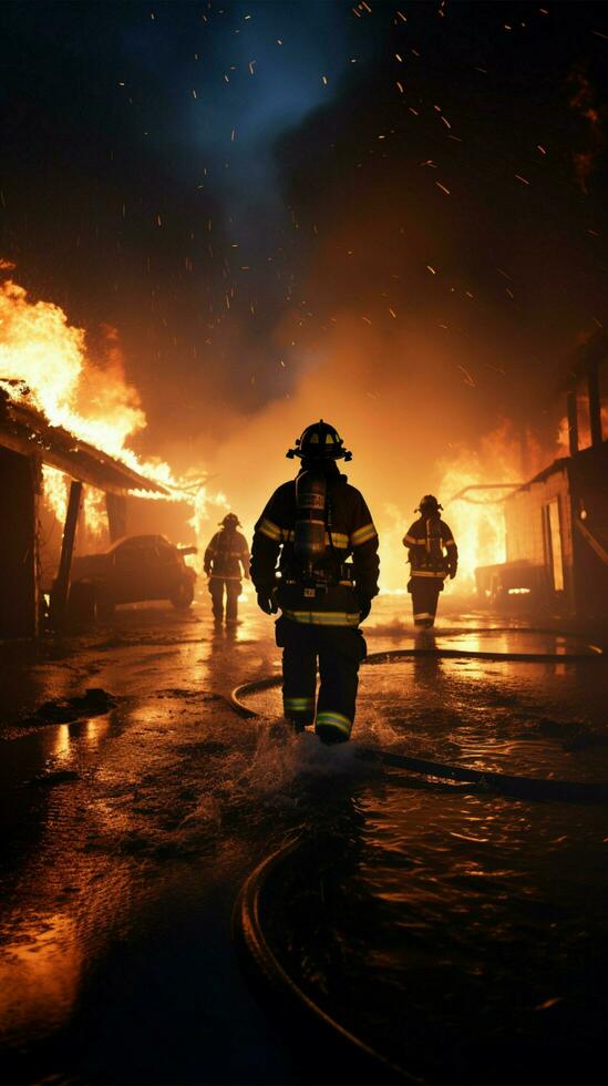 Firefighters combat oil blaze using twirl water fog extinguisher safety concept Vertical Mobile Wallpaper AI Generated photo