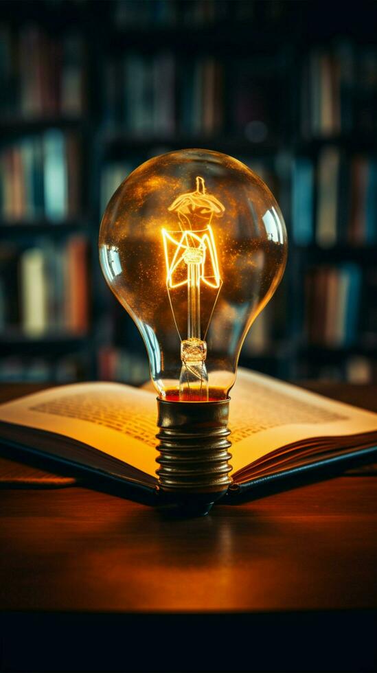 Illuminating knowledge Glowing bulb enhances books wisdom, symbolizing inventive inspiration Vertical Mobile Wallpaper AI Generated photo