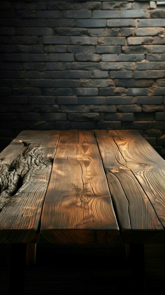 Isolated wooden tabletop, harmonizes with weathered concrete wall texture, visual intrigue Vertical Mobile Wallpaper AI Generated photo