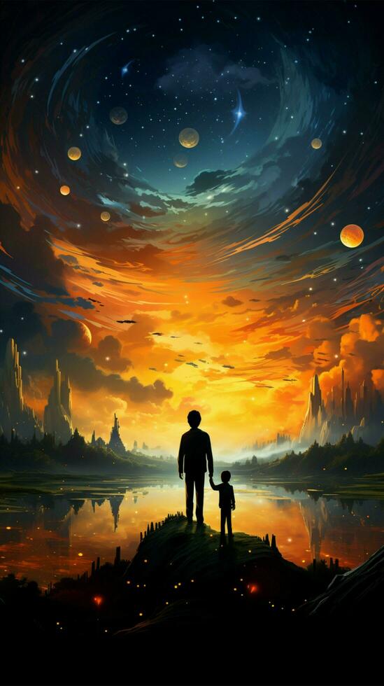 Kids artwork adorns evening sky with rainbow hues, creating captivating silhouette Vertical Mobile Wallpaper AI Generated photo