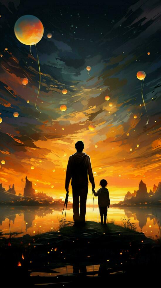 Kids artwork adorns evening sky with rainbow hues, creating captivating silhouette Vertical Mobile Wallpaper AI Generated photo