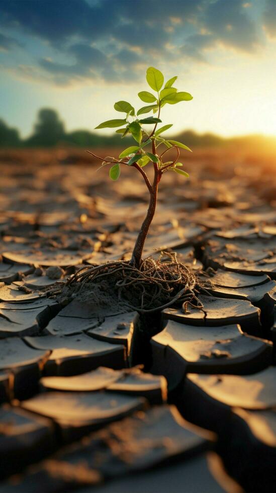 solitario árbol coles en tostado tierra, simbolizando clima crisis, agua escasez debido a global calentamiento vertical móvil fondo de pantalla ai generado foto