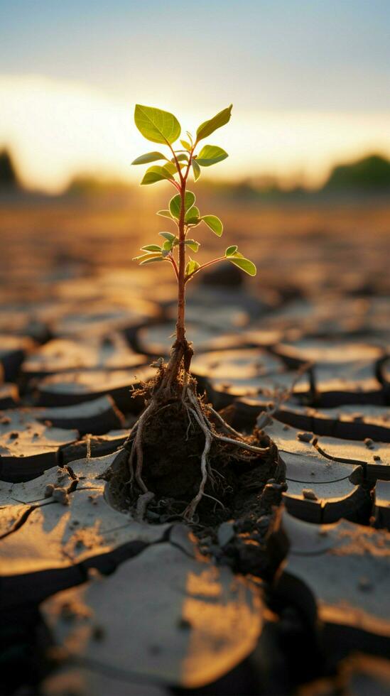 Lone tree sprouts on parched earth, symbolizing climate crisis, water scarcity due to global warming Vertical Mobile Wallpaper AI Generated photo