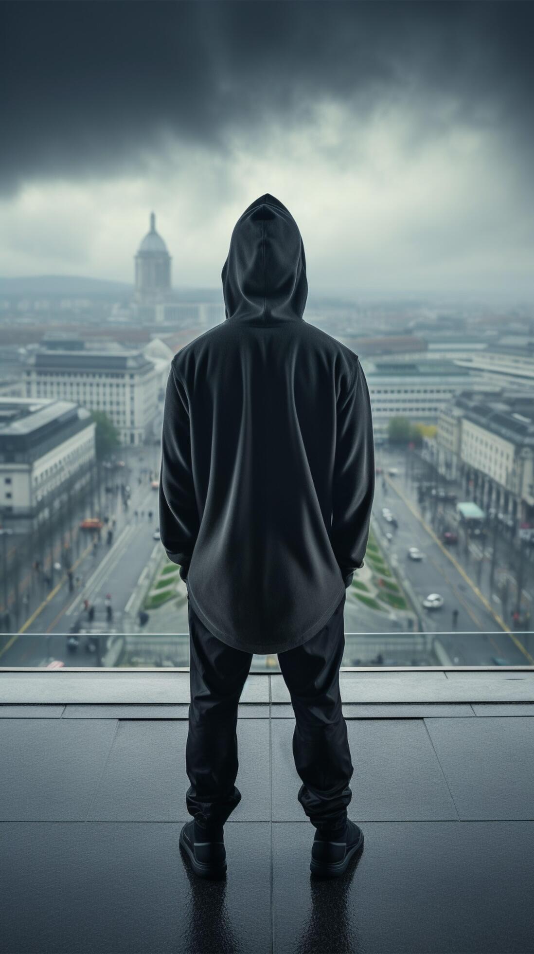 Man in hood stands aloof on rooftop, face concealed, blank space