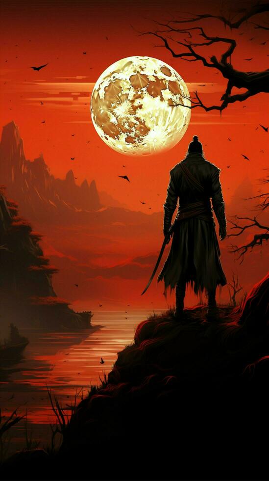 Majestic silhouette, samurai poised at sunset, an iconic stance against vibrant backdrop Vertical Mobile Wallpaper AI Generated photo