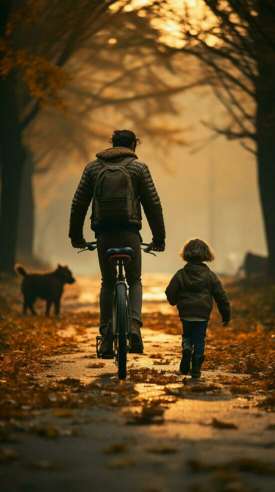 hombre Ayudar su niño en aprendizaje a paseo un bicicleta, posterior ver vertical móvil fondo de pantalla ai generado foto