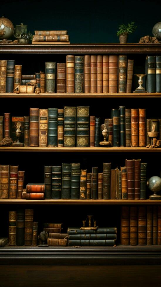 Myriad old books rest on shelves, conjuring intellectual richness within the library Vertical Mobile Wallpaper AI Generated photo