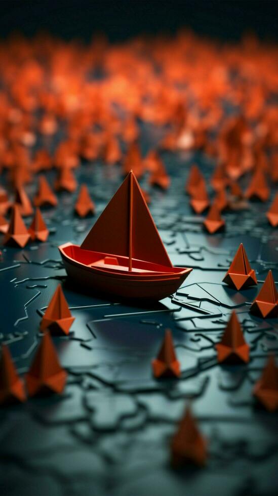 papel barcos siguiendo un rojo líder barco en mundo mapa concepto para liderazgo, trabajo en equipo y victorioso éxito vertical móvil fondo de pantalla ai generado foto
