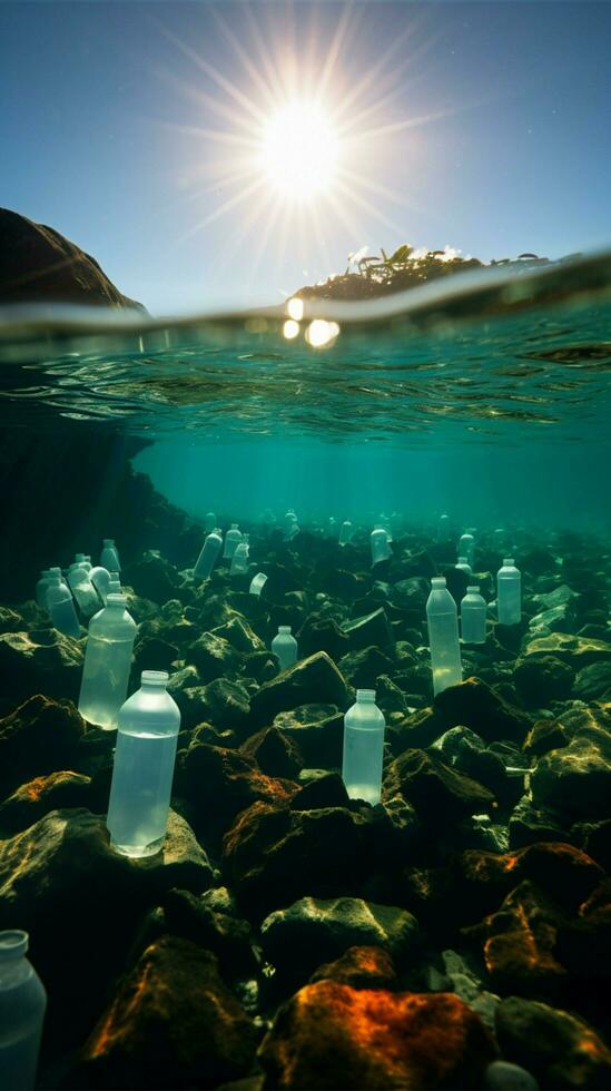 Open sea tainted by plastic bottles and microplastics, symbolizing marine plastic pollution Vertical Mobile Wallpaper AI Generated photo