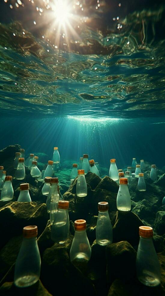 Open sea tainted by plastic bottles and microplastics, symbolizing marine plastic pollution Vertical Mobile Wallpaper AI Generated photo