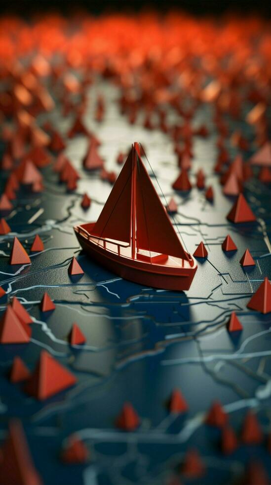 papel barcos siguiendo un rojo líder barco en mundo mapa concepto para liderazgo, trabajo en equipo y victorioso éxito vertical móvil fondo de pantalla ai generado foto