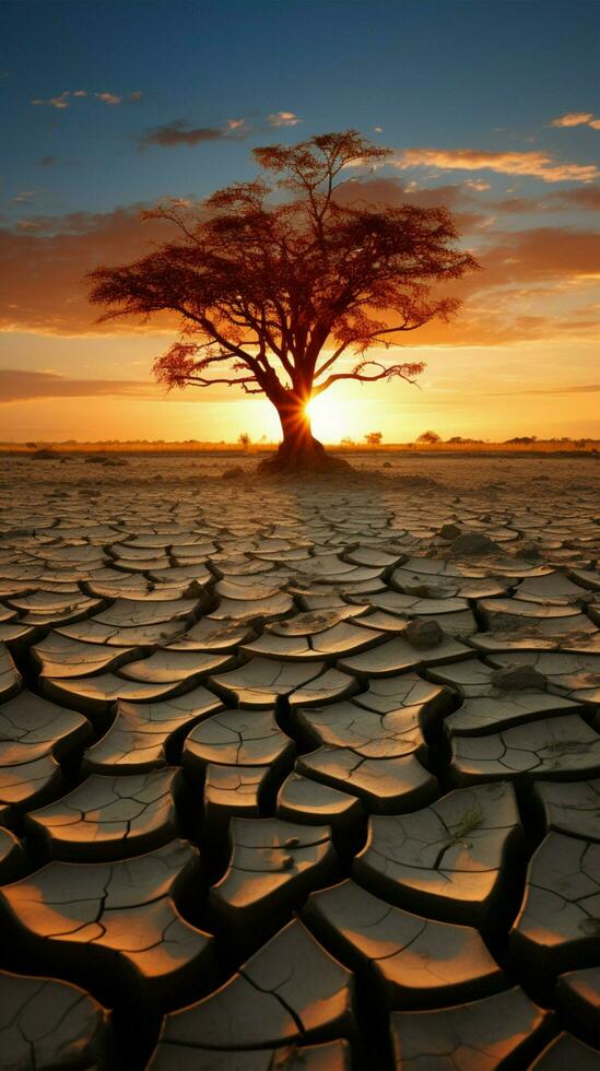 elástico árbol en medio de agrietado tierra significa clima cambios impacto agua escasez, global calentamiento vertical móvil fondo de pantalla ai generado foto