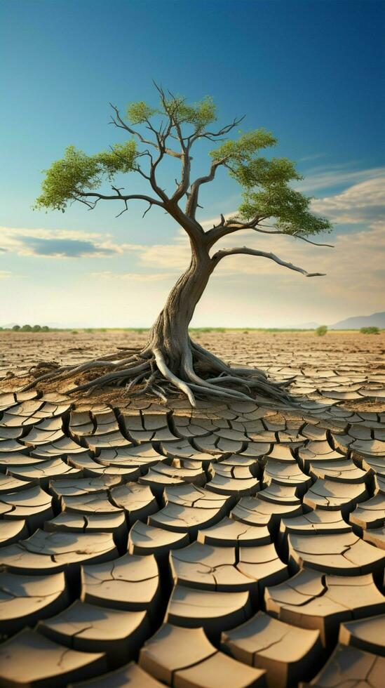 Resilient tree amid cracked earth signifies climate changes impact water shortage, global warming Vertical Mobile Wallpaper AI Generated photo