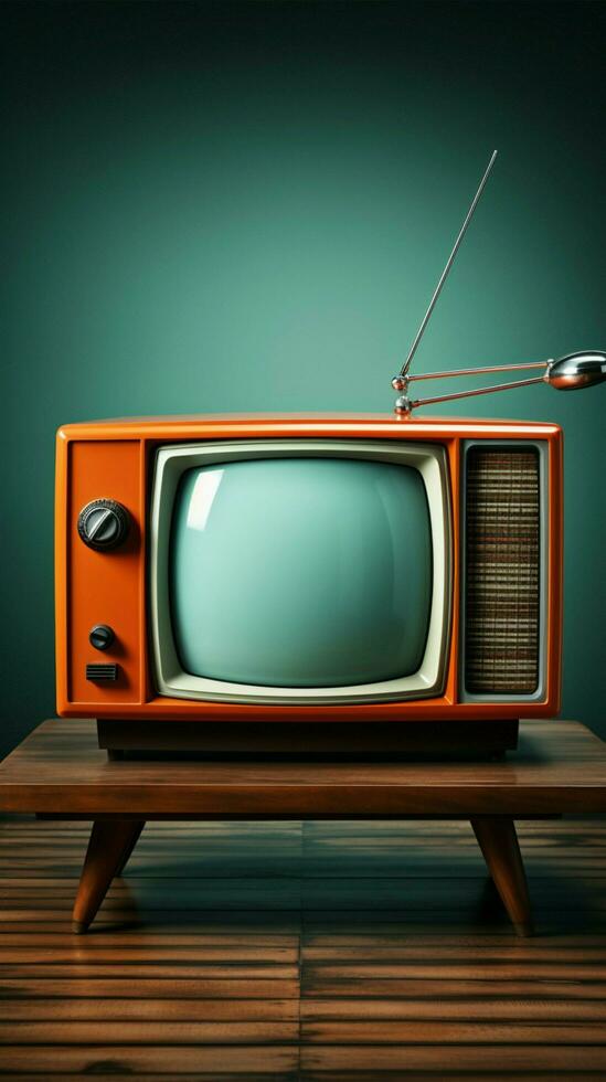 retro elegancia, antiguo naranja televisión en madera mesa contrastes menta azul fondo hermosamente vertical móvil fondo de pantalla ai generado foto