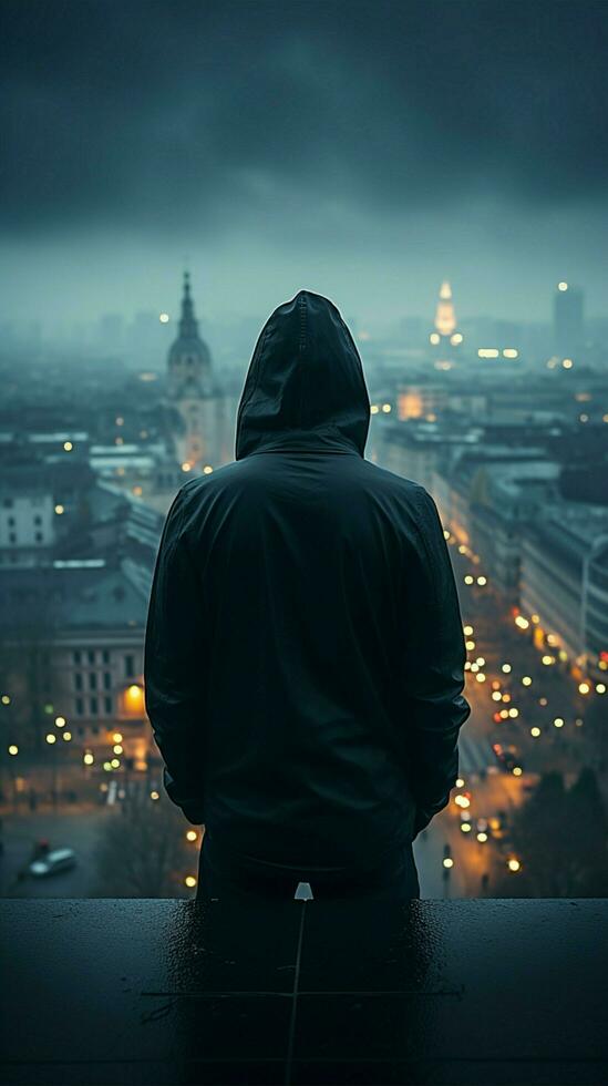 Rooftop scene man in hood, face obscured, copy space enhancing mysterious ambiance Vertical Mobile Wallpaper AI Generated photo