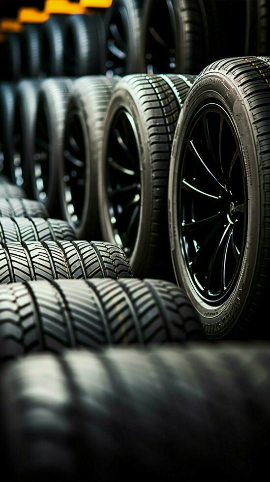 Rubber inventory Close up of bulk car tires in store, tire shop backdrop Vertical Mobile Wallpaper AI Generated photo