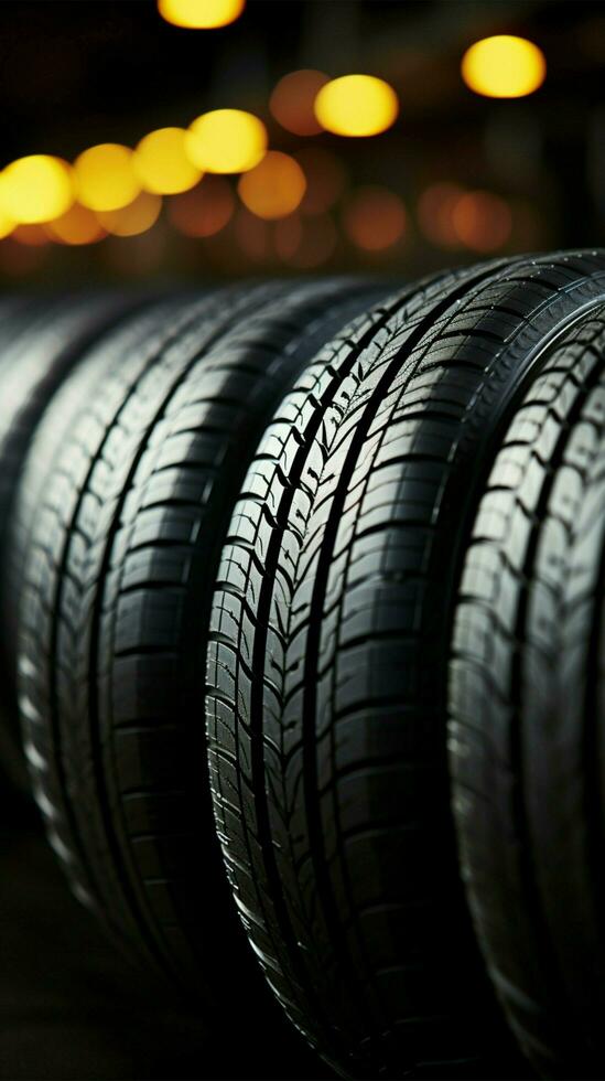 Rubber gallery Close up of bulk car tires in shop, highlighting options Vertical Mobile Wallpaper AI Generated photo