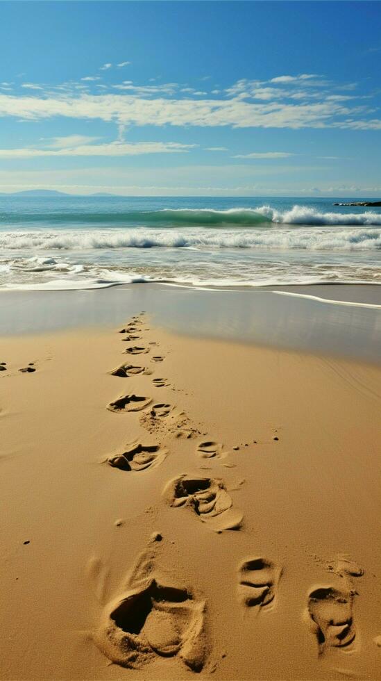 Sand bound history, footprints on ocean beach carry whispers of past seaside sojourns Vertical Mobile Wallpaper AI Generated photo