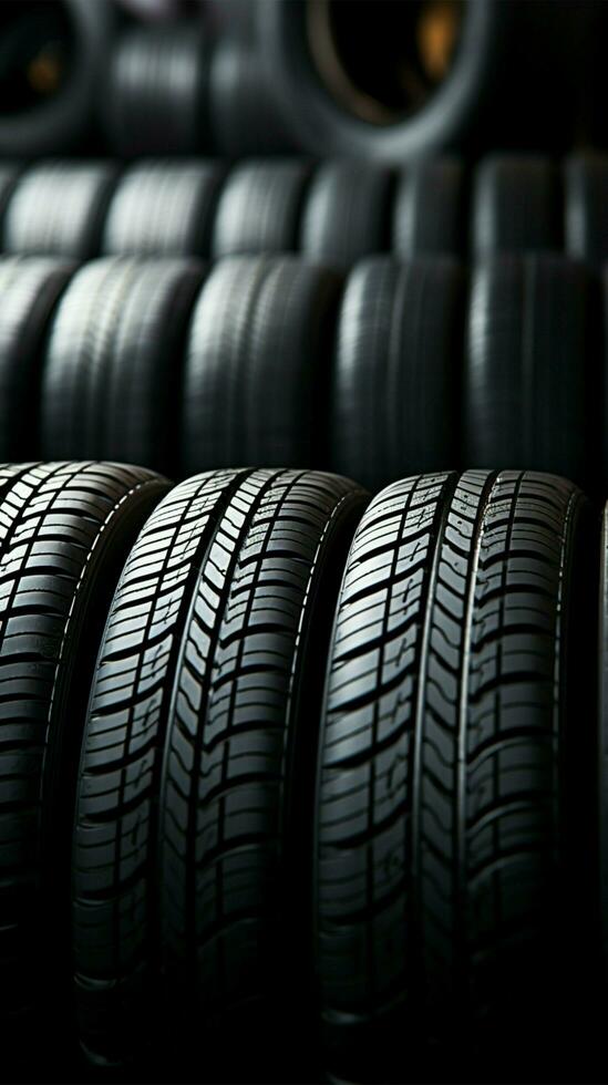 Shop display close up of bulk car tires stacked together Vertical Mobile Wallpaper AI Generated photo