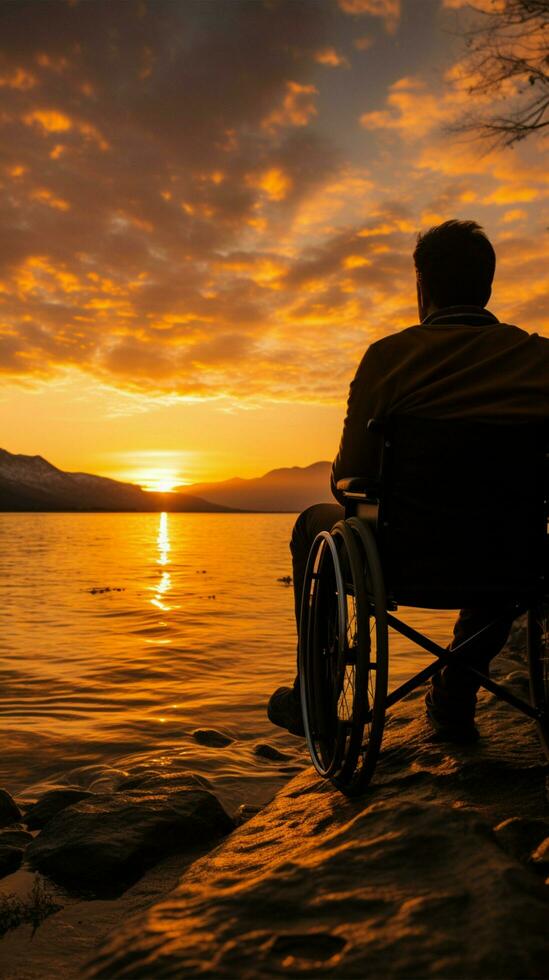 silueta silla de ruedas usuario, en contra un vibrante atardecer, personificando Resiliencia y fuerza vertical móvil fondo de pantalla ai generado foto