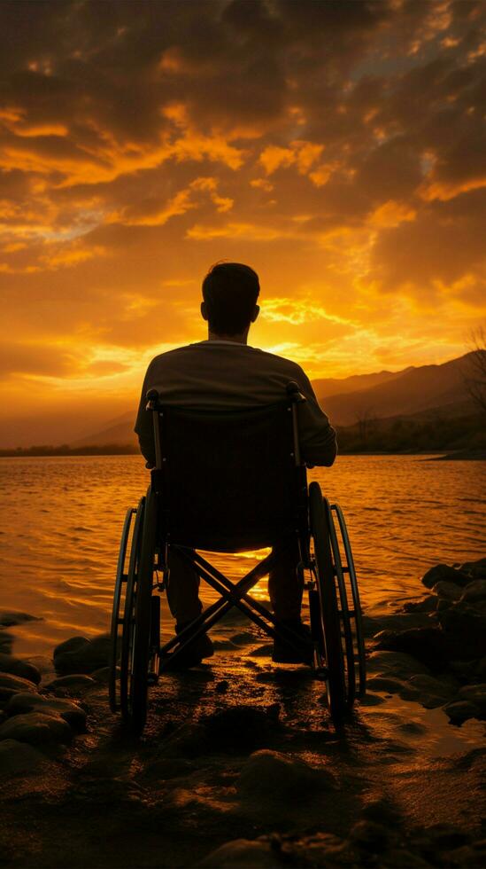 silueta silla de ruedas usuario, en contra un vibrante atardecer, personificando Resiliencia y fuerza vertical móvil fondo de pantalla ai generado foto