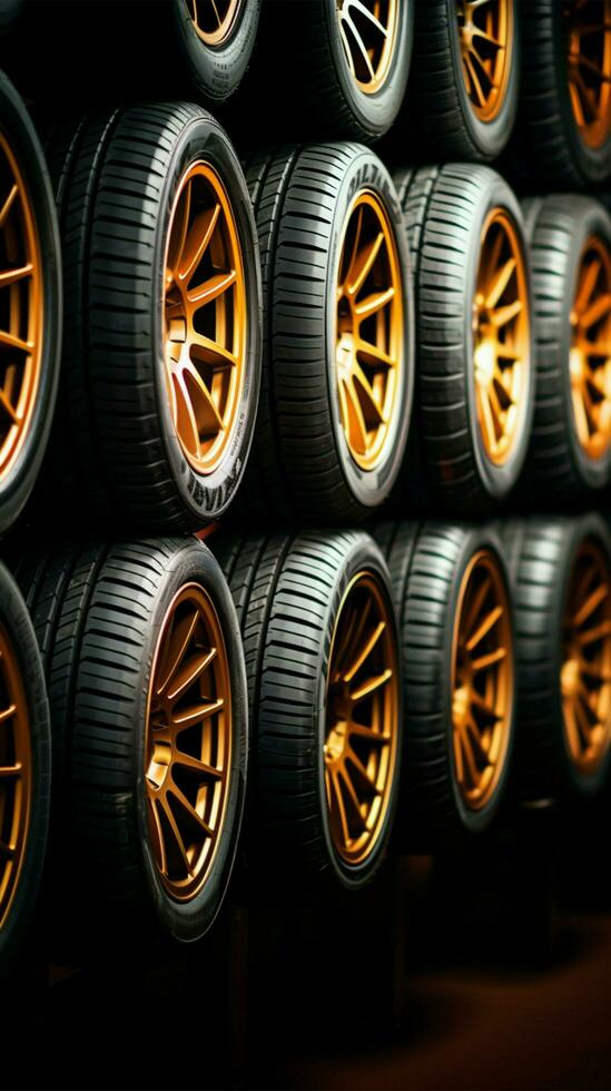 Storefront selection Closeup view of assorted car tires in shop display Vertical Mobile Wallpaper AI Generated photo