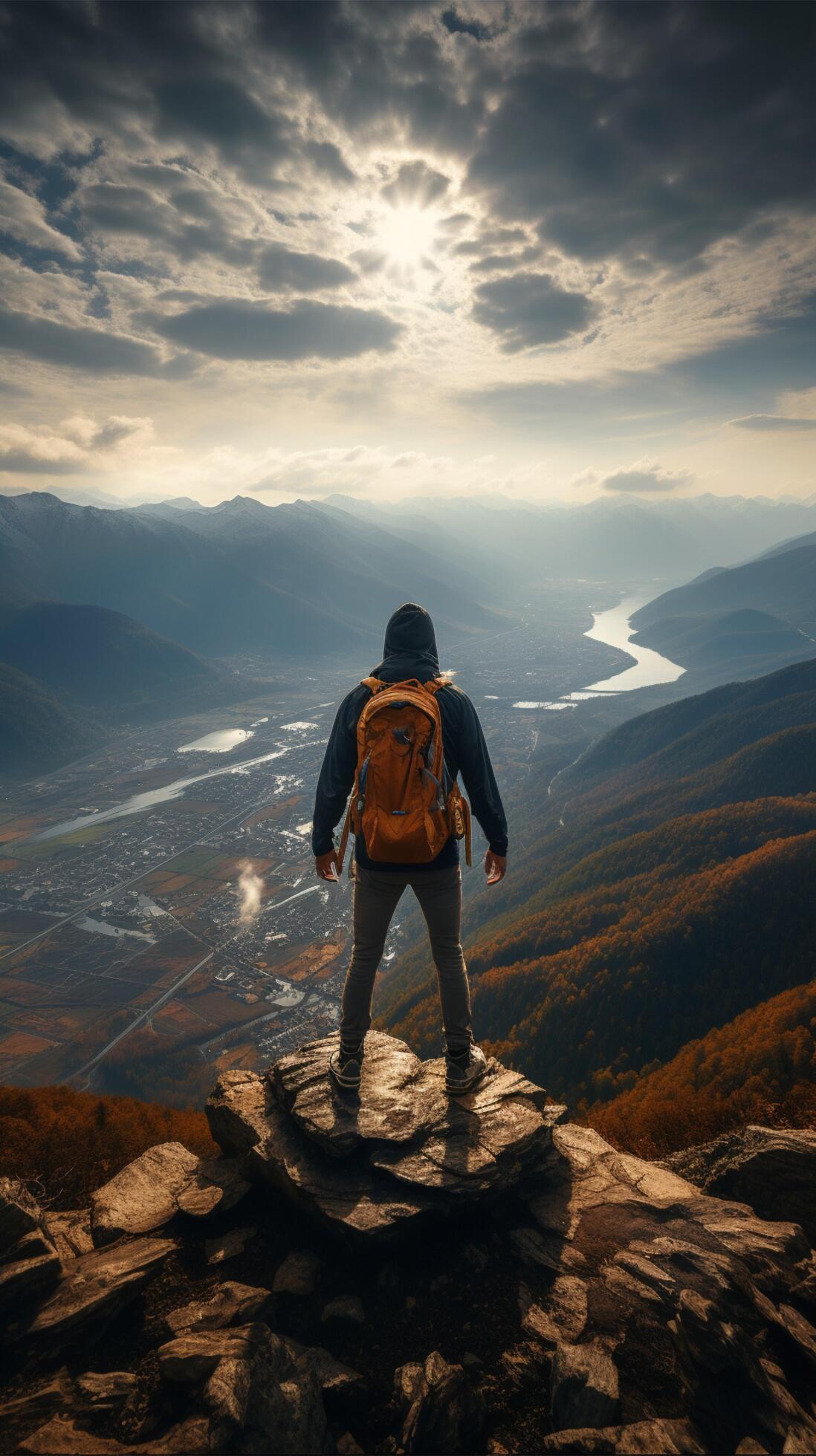 successful man hiker enjoy the view on mountain top Vertical Mobile