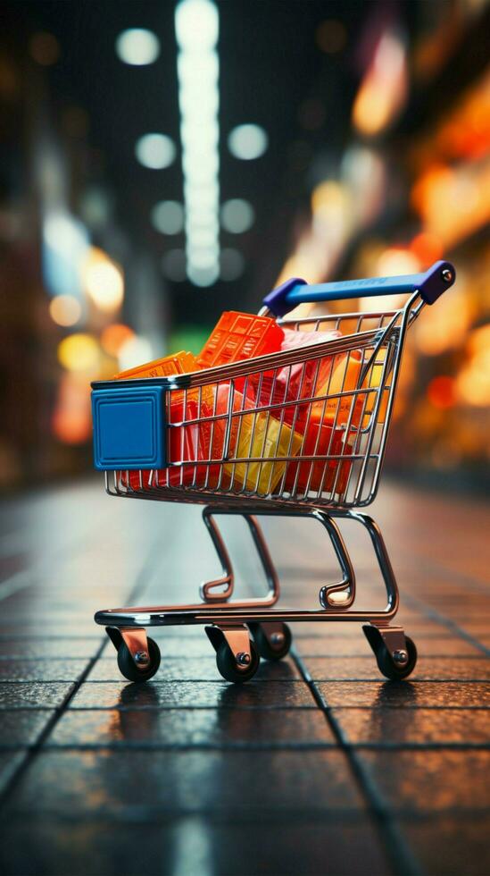 Supermarket spree Shopping cart against blurred store bokeh backdrop captures retail ambiance Vertical Mobile Wallpaper AI Generated photo