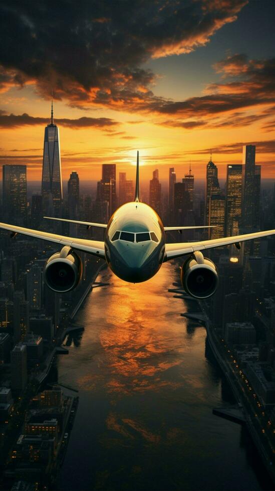alto ciudad edificios y un avión volador gastos generales vertical móvil fondo de pantalla ai generado foto