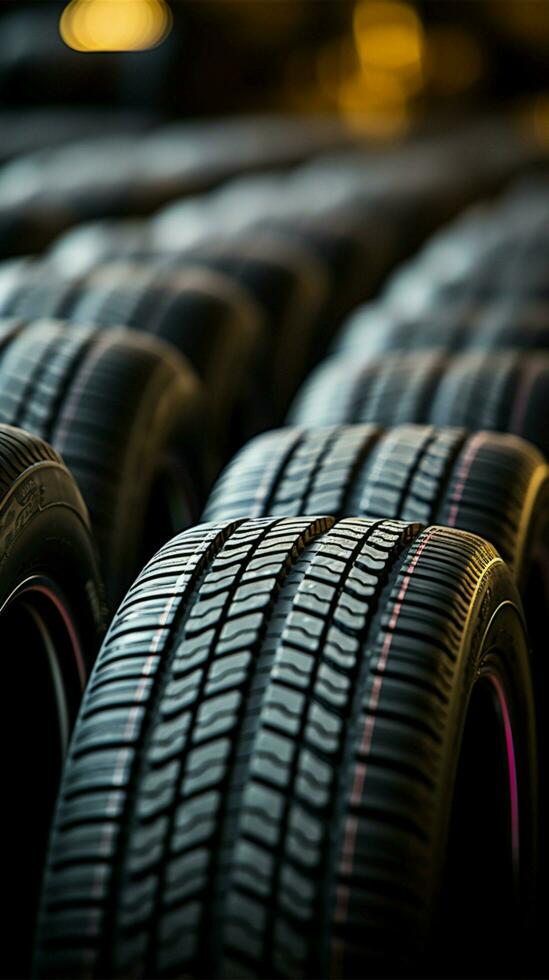 Tire emporium Close up of bulk car tires in shop, showcasing variety Vertical Mobile Wallpaper AI Generated photo