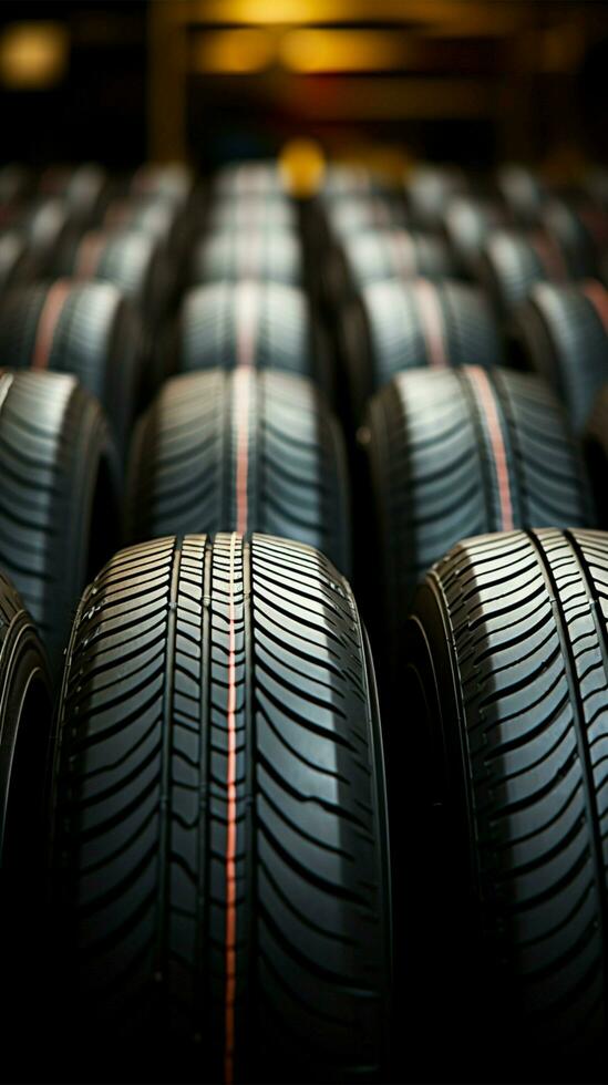 Tire emporium Close up of bulk car tires in shop, showcasing variety Vertical Mobile Wallpaper AI Generated photo