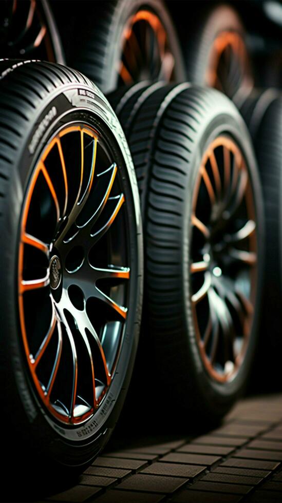 Tire emporium Close up of bulk car tires in shop, showcasing variety Vertical Mobile Wallpaper AI Generated photo