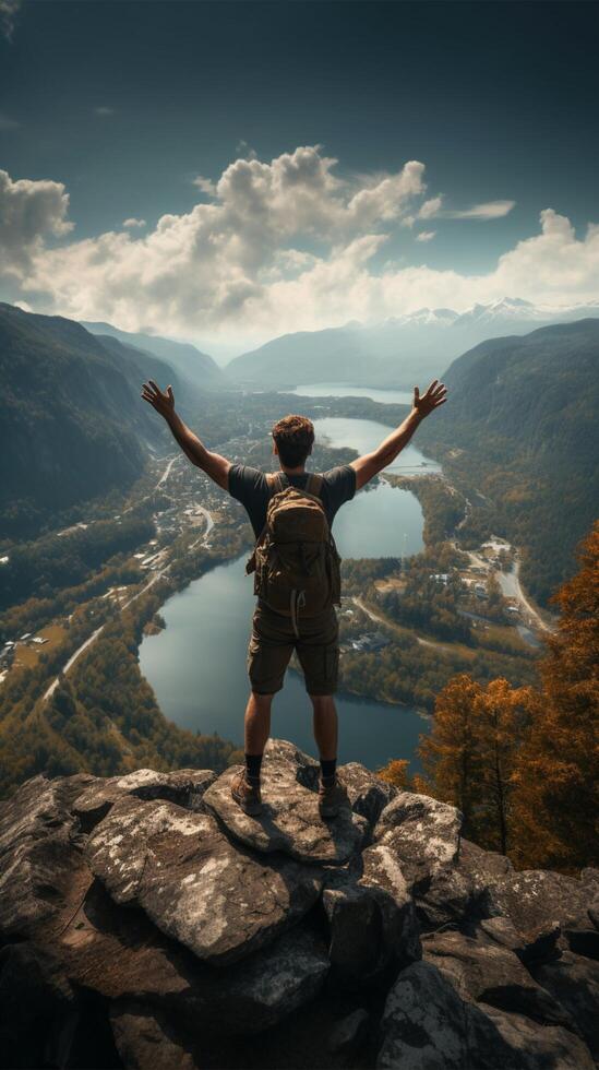 Top of the world, victorious hiker basks in success, soaking up