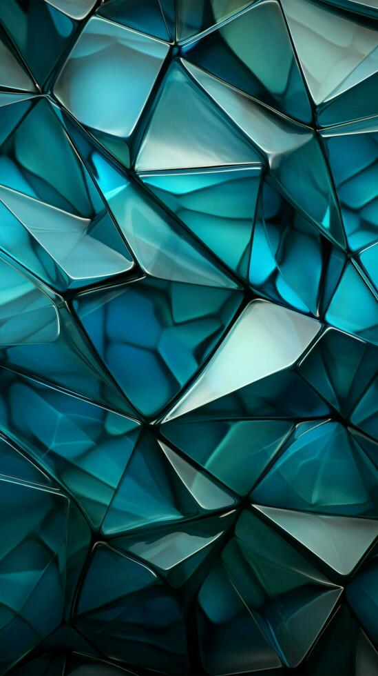 Triangles interplay, blending deep blue, green, white, and dynamic cyan, captivating panorama Vertical Mobile Wallpaper AI Generated photo