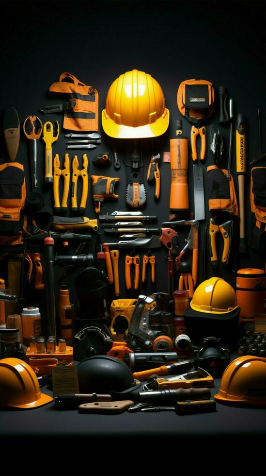 Tribute to laborers Array of construction tools showcased on black backdrop, embracing Labor Day Vertical Mobile Wallpaper AI Generated photo